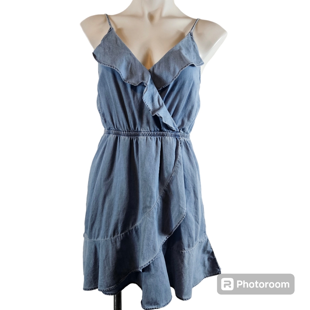 Express Blue Ruffled Faux Wrap Mini Dress S Adjustable Spaghetti Straps